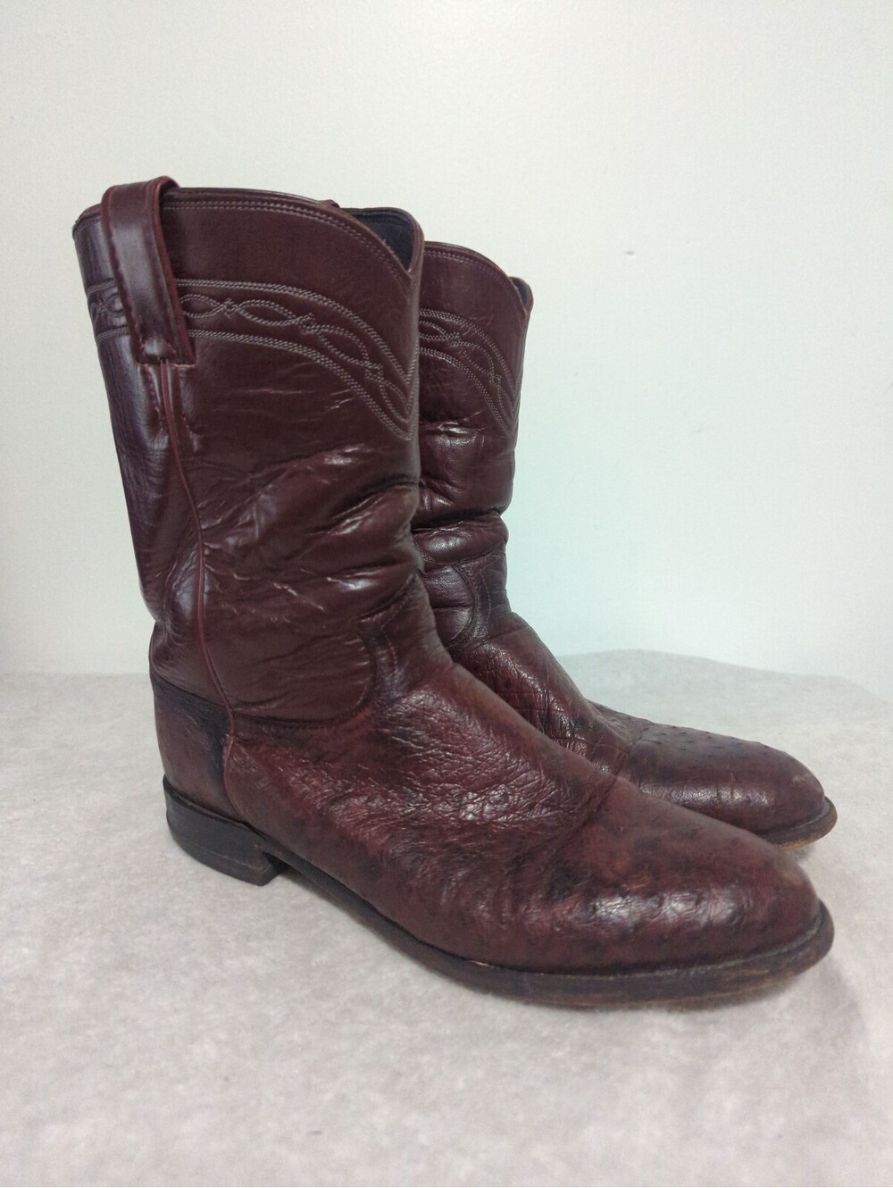 Justin Men's Brown / Cherry Smooth Quill Ostrich Cowboy Boots Size 9.5D 3334